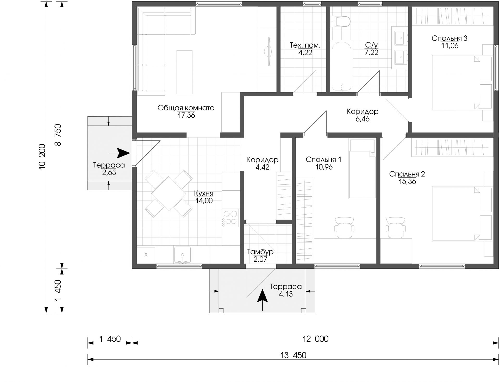 планировка дома 12 на 14 одноэтажный с тремя спальнями